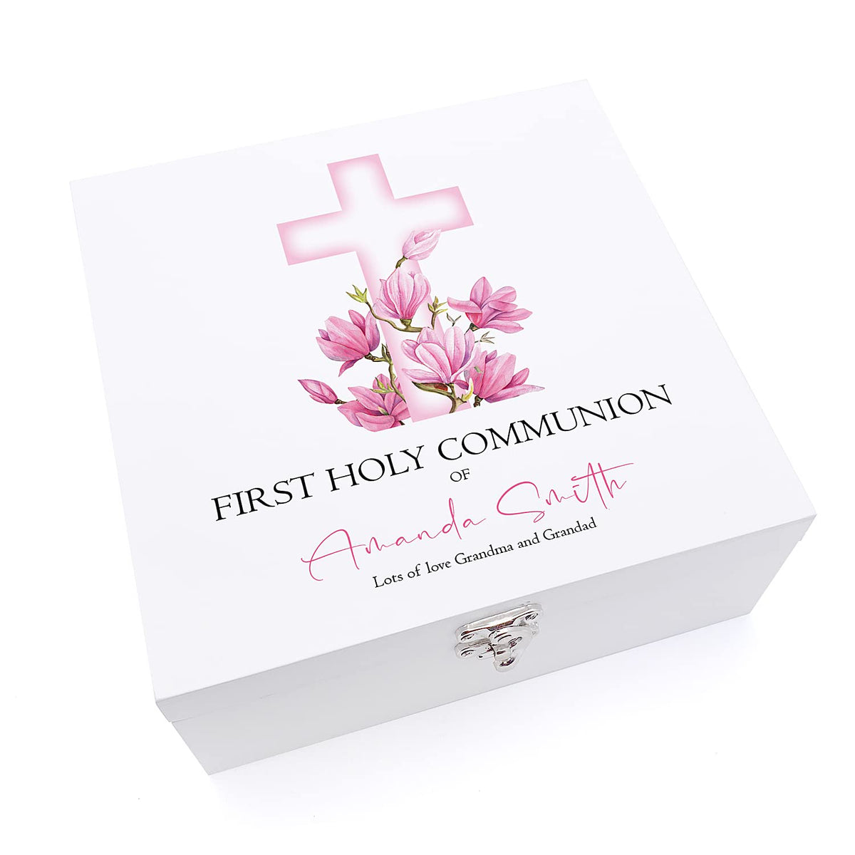 ukgiftstoreonline Personalised First Holy Communion Wooden Keepsake Memory Box Pink Cross