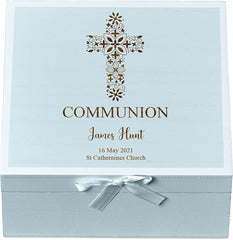 ukgiftstoreonline Personalised Communion Blue Keepsake Box With Floral Cross Design