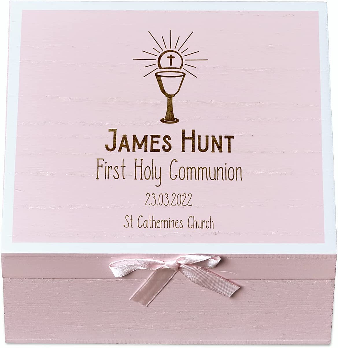 ukgiftstoreonline Personalised Holy Communion Pink Keepsake Box With Host Design