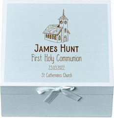 ukgiftstoreonline Personalised Holy Communion Blue Keepsake Box With Church Design