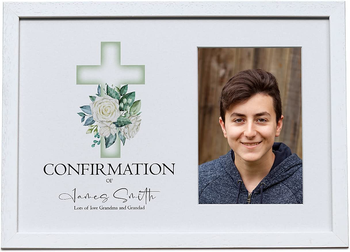 Personalised Confirmation White Photo Frame With Green Cross 6"x4"