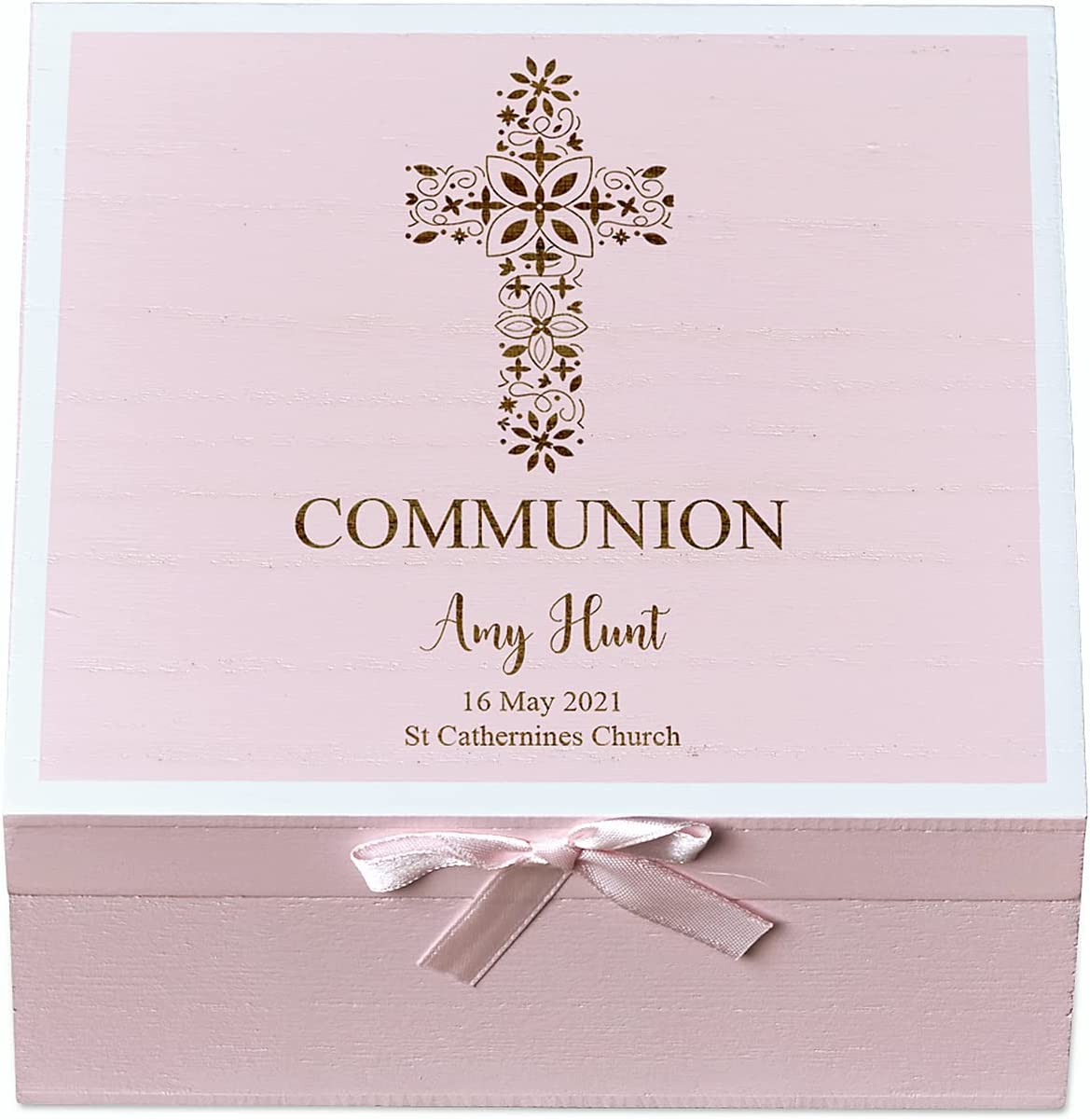 ukgiftstoreonline Personalised Communion Pink Keepsake Box With Floral Cross Design