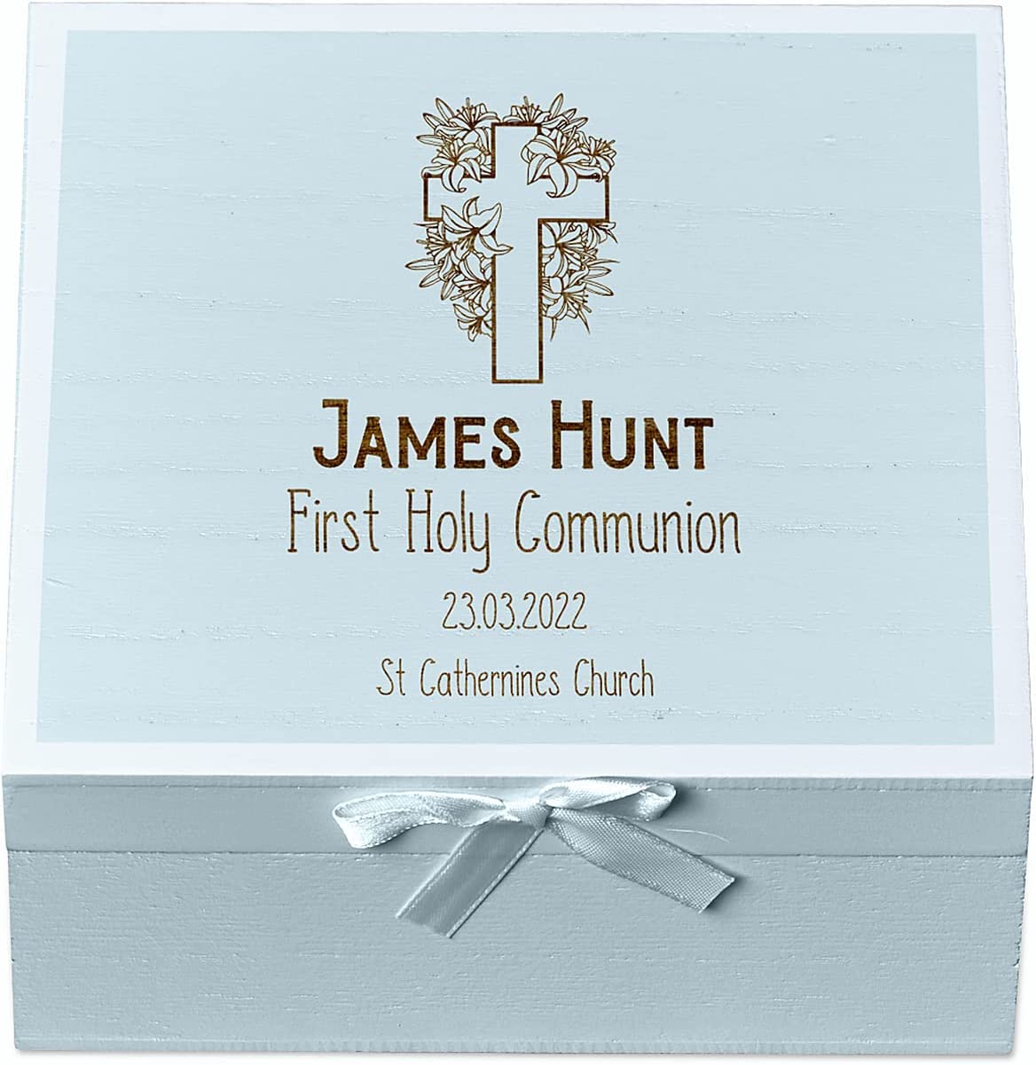 ukgiftstoreonline Personalised Holy Communion Blue Keepsake Box With Cross Design