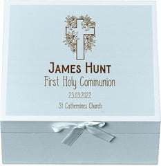 ukgiftstoreonline Personalised Holy Communion Blue Keepsake Box With Cross Design