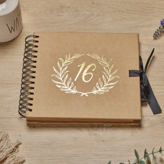 16th Birthday Brown Scrapbook Photo album With Gold Script Laurel Wreath