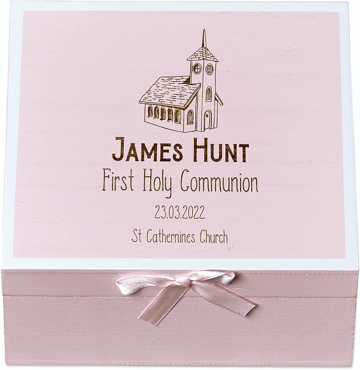 ukgiftstoreonline Personalised Holy Communion Pink Keepsake Box With Church Design