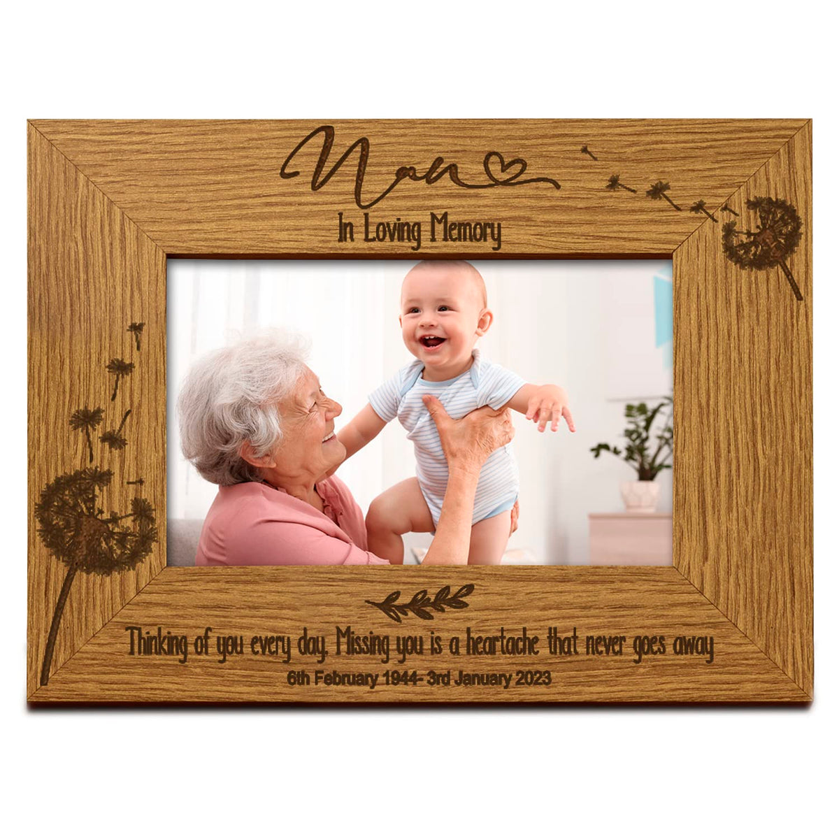 Nan Remembrance Photo Frame Personalised Landscape With Dandelions