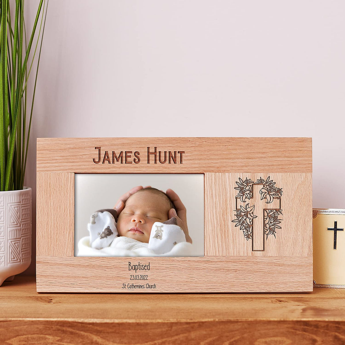 Personalised Baptism Solid Oak Photo Frame With Floral Cross