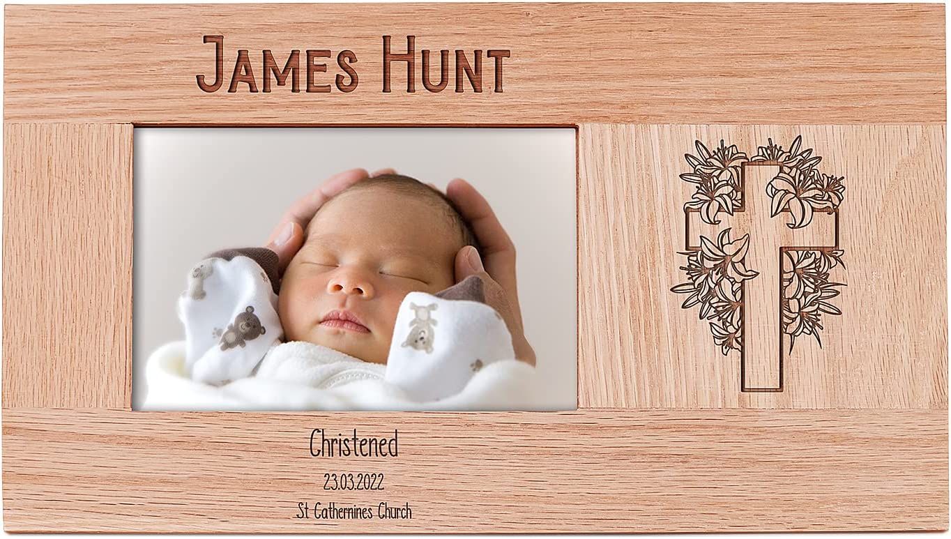 Personalised Christening Solid Oak Photo Frame With Floral Cross