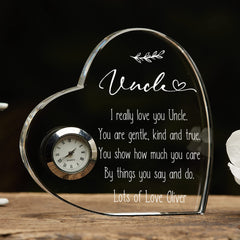 Engraved Personalised Uncle Crystal Glass Clock With Sentiment