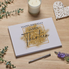 Personalised A4 Linen 13th Birthday Guest Book Printed With Gold Sparkles Design