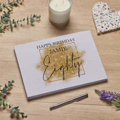 Personalised A4 Linen 80th Birthday Guest Book Printed With Gold Sparkles Design