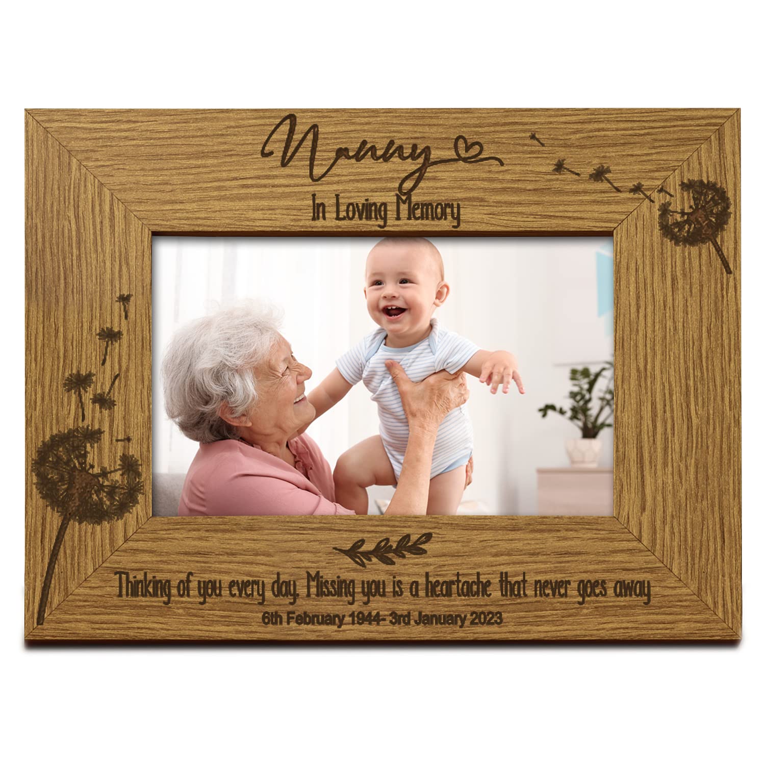 Nanny Remembrance Photo Frame Personalised Landscape With Dandelions