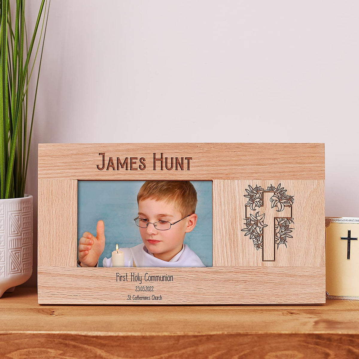 Personalised First Communion Solid Oak Photo Frame With Floral Cross