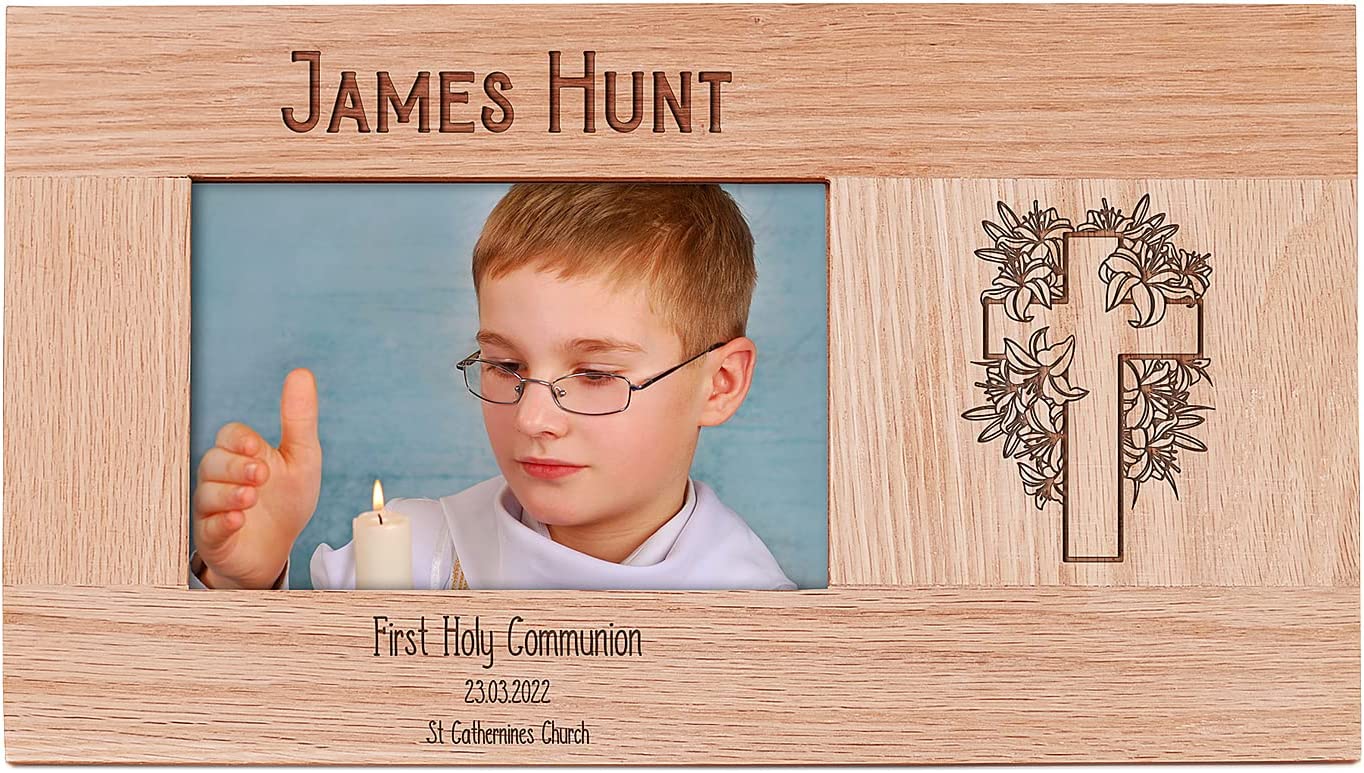 Personalised First Communion Solid Oak Photo Frame With Floral Cross