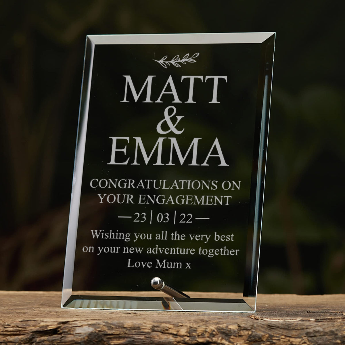 Engagement Gift Personalised Glass Plaque With Sentiment