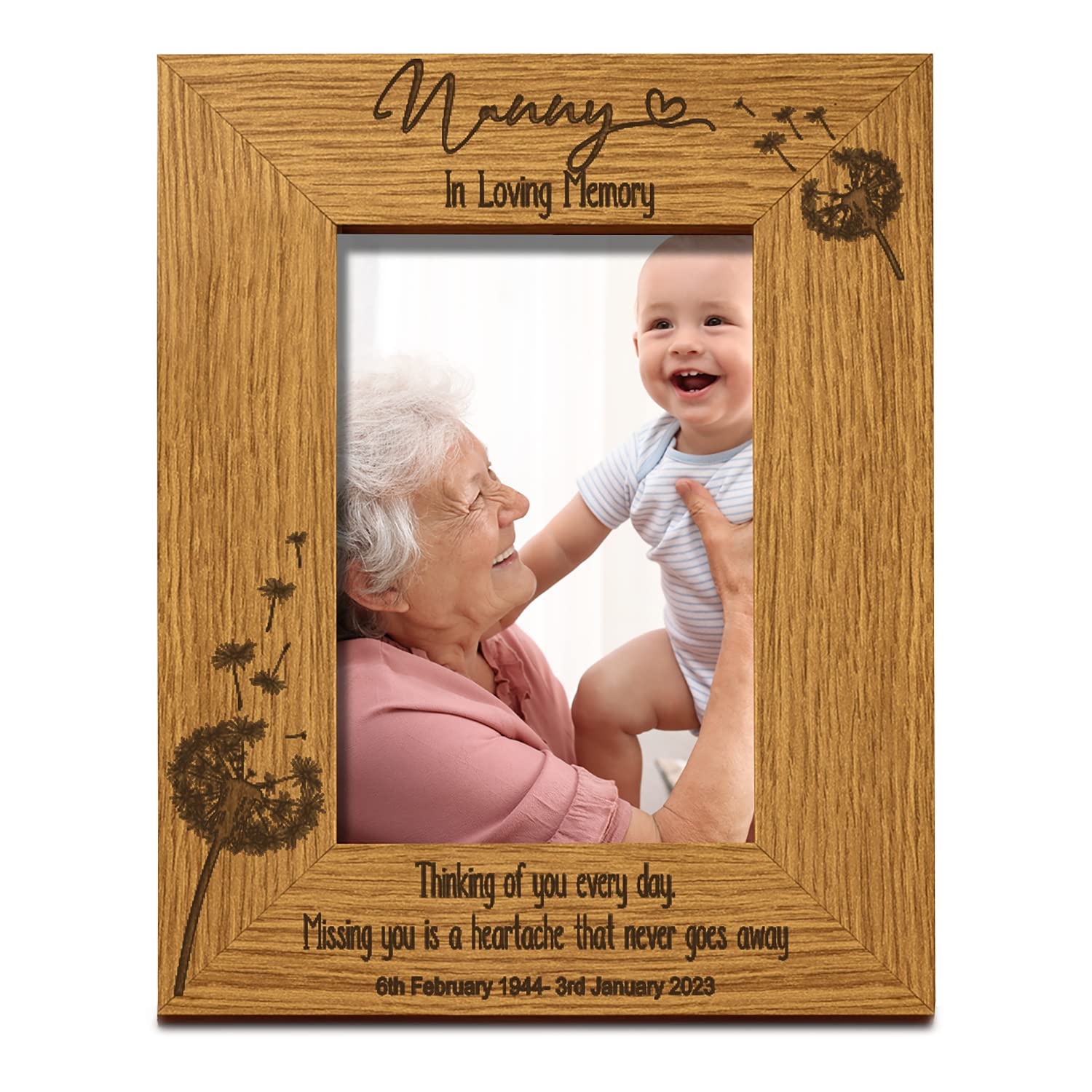 Nanny Remembrance Photo Frame Personalised Portrait With Dandelions