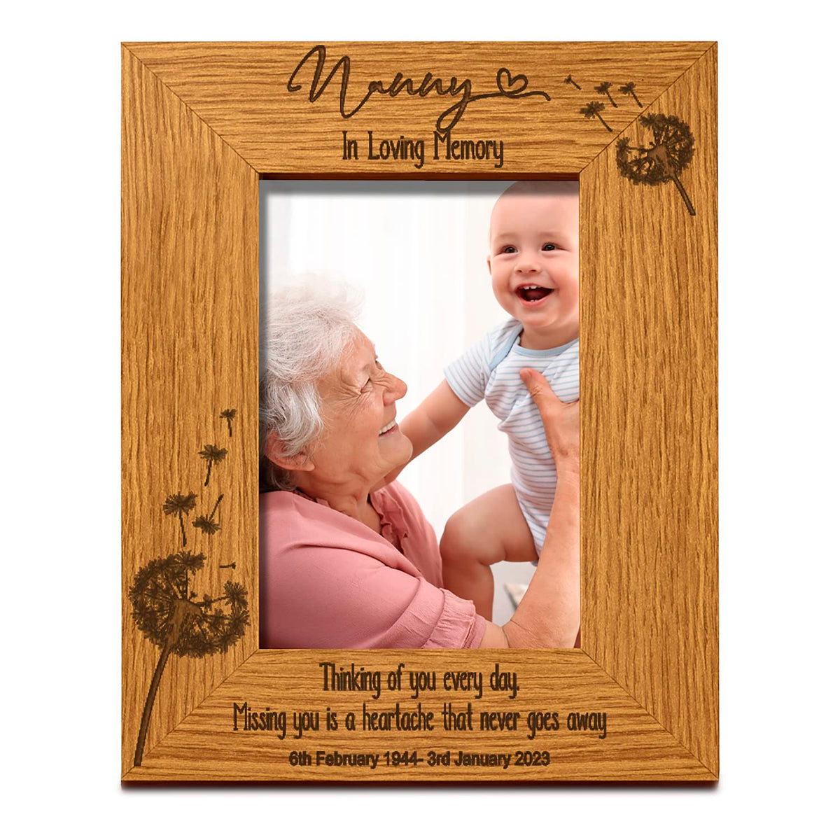 Nanny Remembrance Photo Frame Personalised Portrait With Dandelions