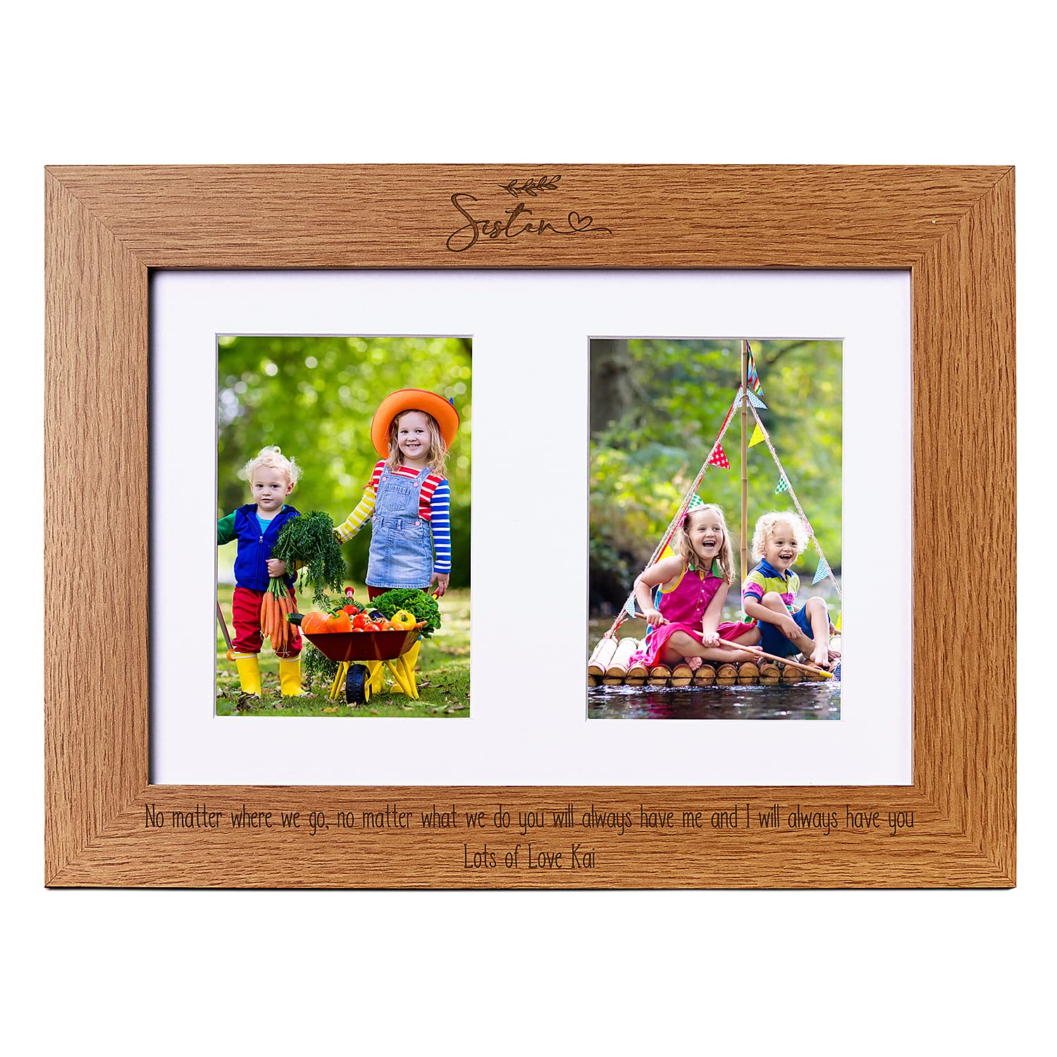 Personalised Sister Double Photo Picture Frame With Leaf Portrait