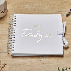 Family White Scrapbook Photo album With Gold Script Leaf Design