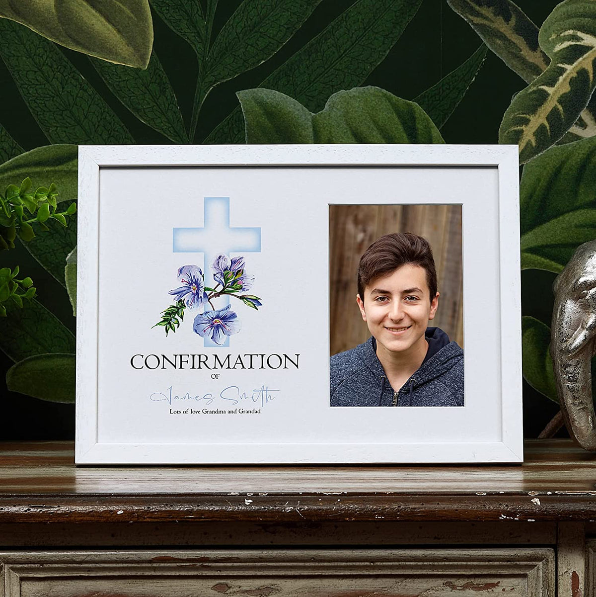 Personalised Confirmation White Photo Frame With Blue Cross 6"x4"