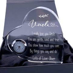 Engraved Personalised Uncle Crystal Glass Clock With Sentiment