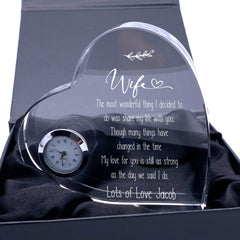 Engraved Personalised Wife Crystal Glass Clock With Sentiment