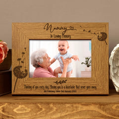 Nanny Remembrance Photo Frame Personalised Landscape With Dandelions