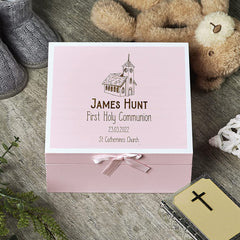 ukgiftstoreonline Personalised Holy Communion Pink Keepsake Box With Church Design