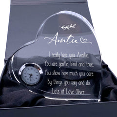 Engraved Personalised Auntie Crystal Glass Clock With Sentiment