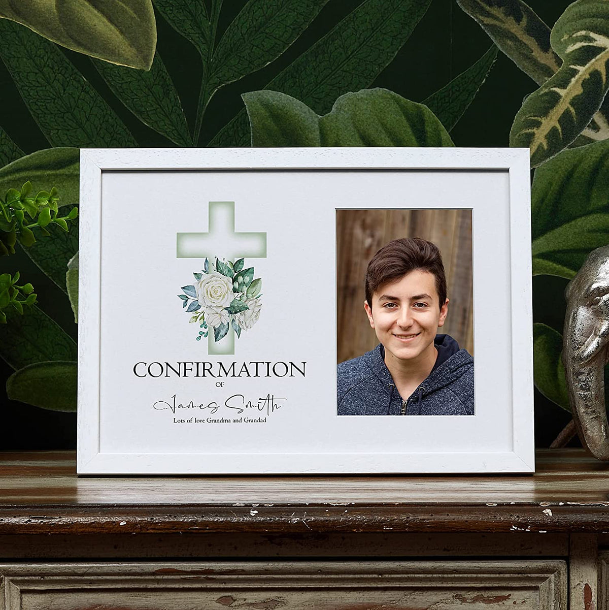 Personalised Confirmation White Photo Frame With Green Cross 6"x4"