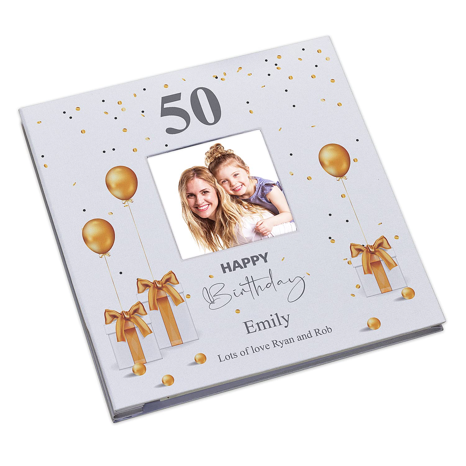 Personalised 50th Birthday Photo Album Linen Cover With Gold Balloons