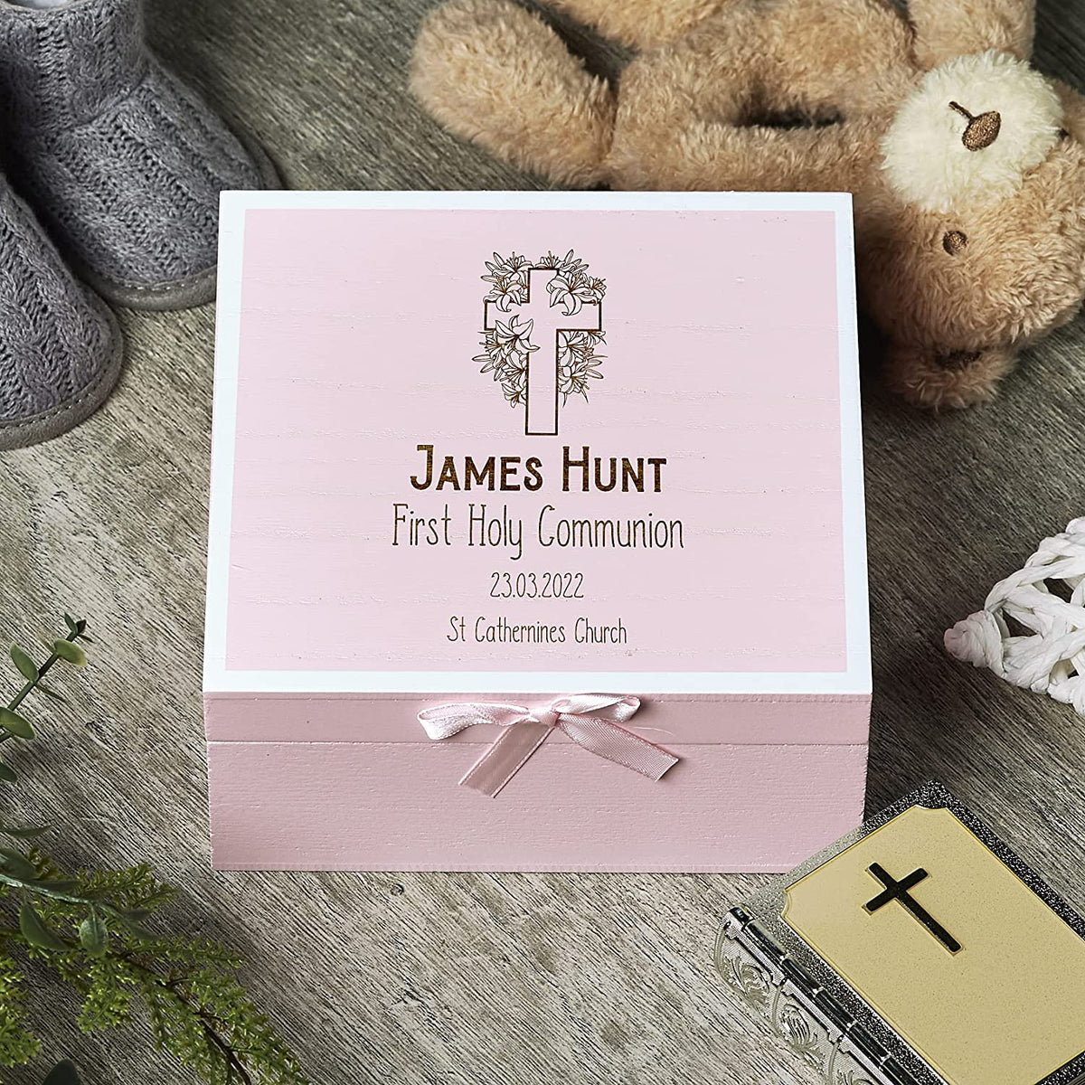 ukgiftstoreonline Personalised Holy Communion Pink Keepsake Box With Cross Design