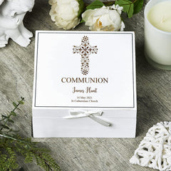 ukgiftstoreonline Personalised Communion White Keepsake Box With Floral Cross Design