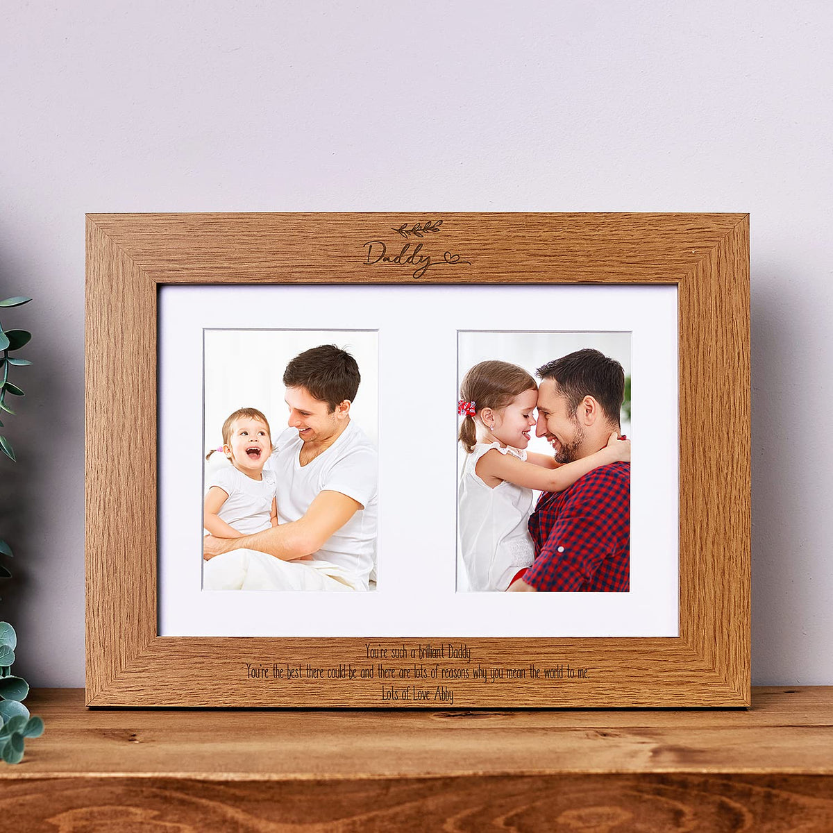 Personalised Daddy Double Photo Picture Frame With Leaf Portrait