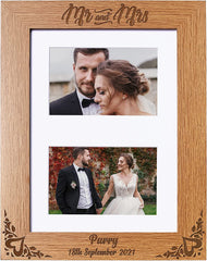 Personalised Mr & Mrs Wedding Double Photo Landscape Wooden Photo Frame