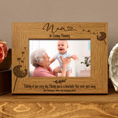 Nan Remembrance Photo Frame Personalised Landscape With Dandelions