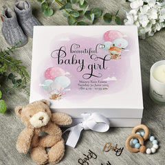 Personalised Baby Girl Memory Box Gift With Ribbon Balloon Design