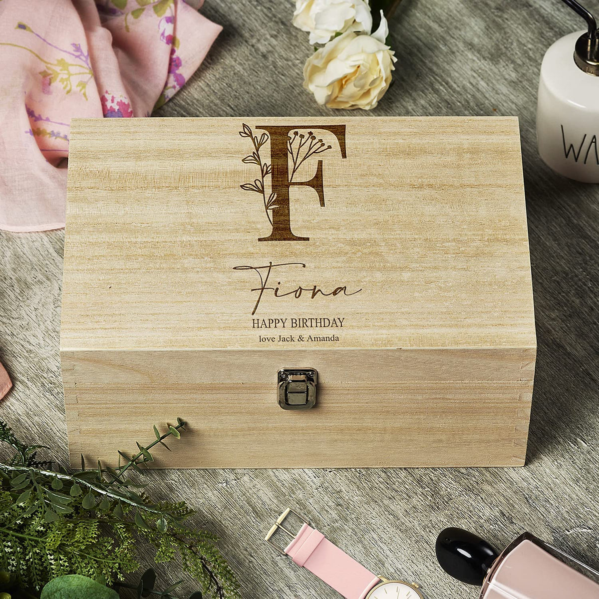 Personalised Large Keepsake Memory Box Engraved With Floral Alphabet