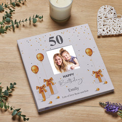 Personalised 50th Birthday Photo Album Linen Cover With Gold Balloons