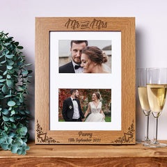 Personalised Mr & Mrs Wedding Double Photo Landscape Wooden Photo Frame