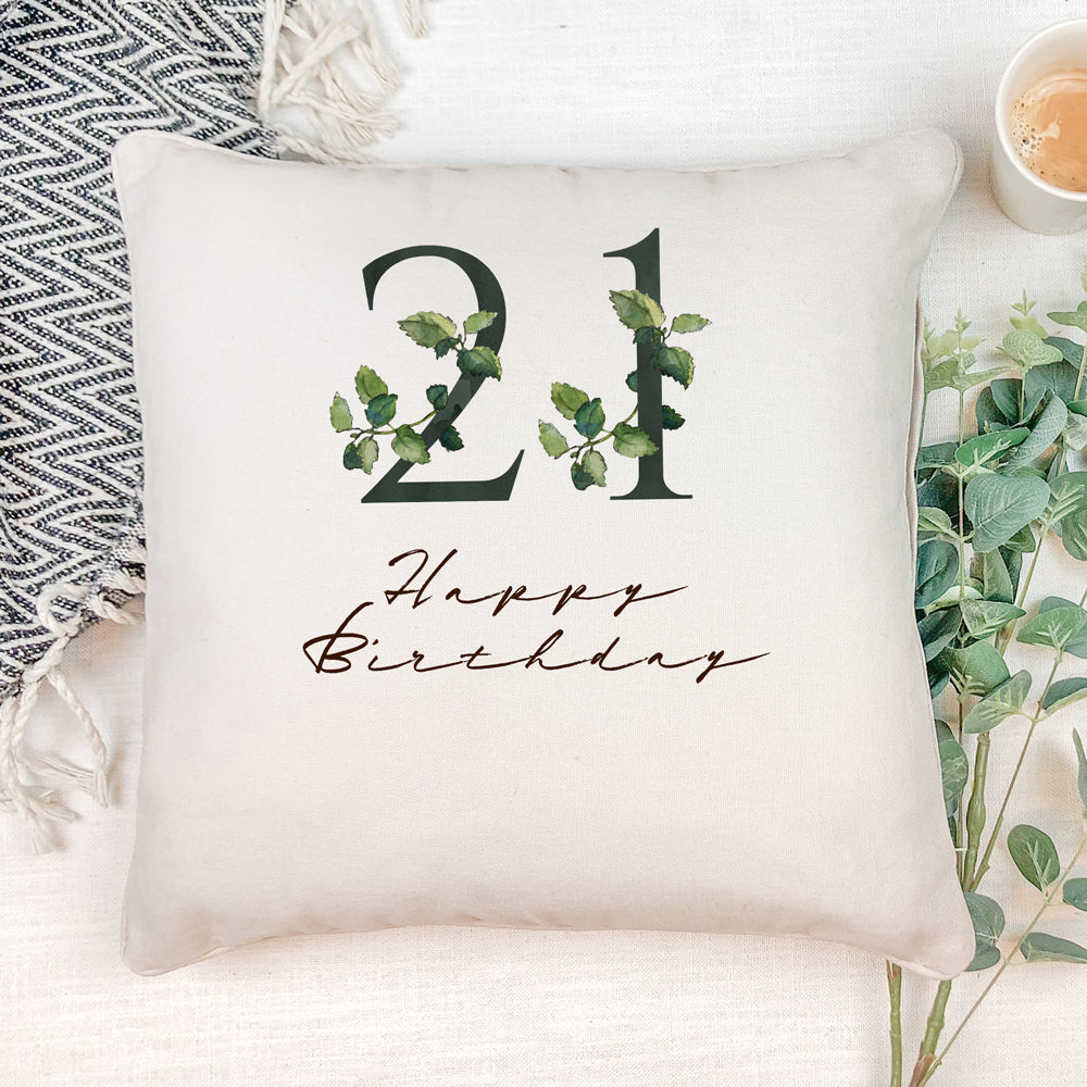 Personalised 21st Birthday Green Leaf Design Cushion Gift ukgiftstoreonline