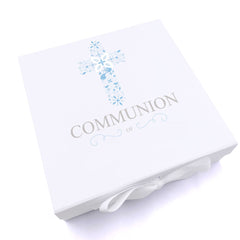 ukgiftstoreonline Personalised Communion Blue Ornate Cross Design Keepsake Memory Box