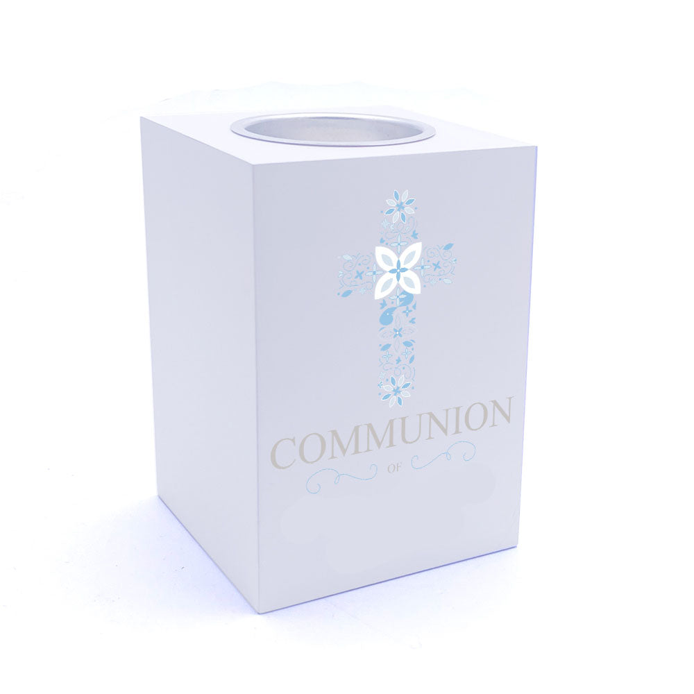 Personalised Communion Blue Ornate Cross Design Tea Light Holder