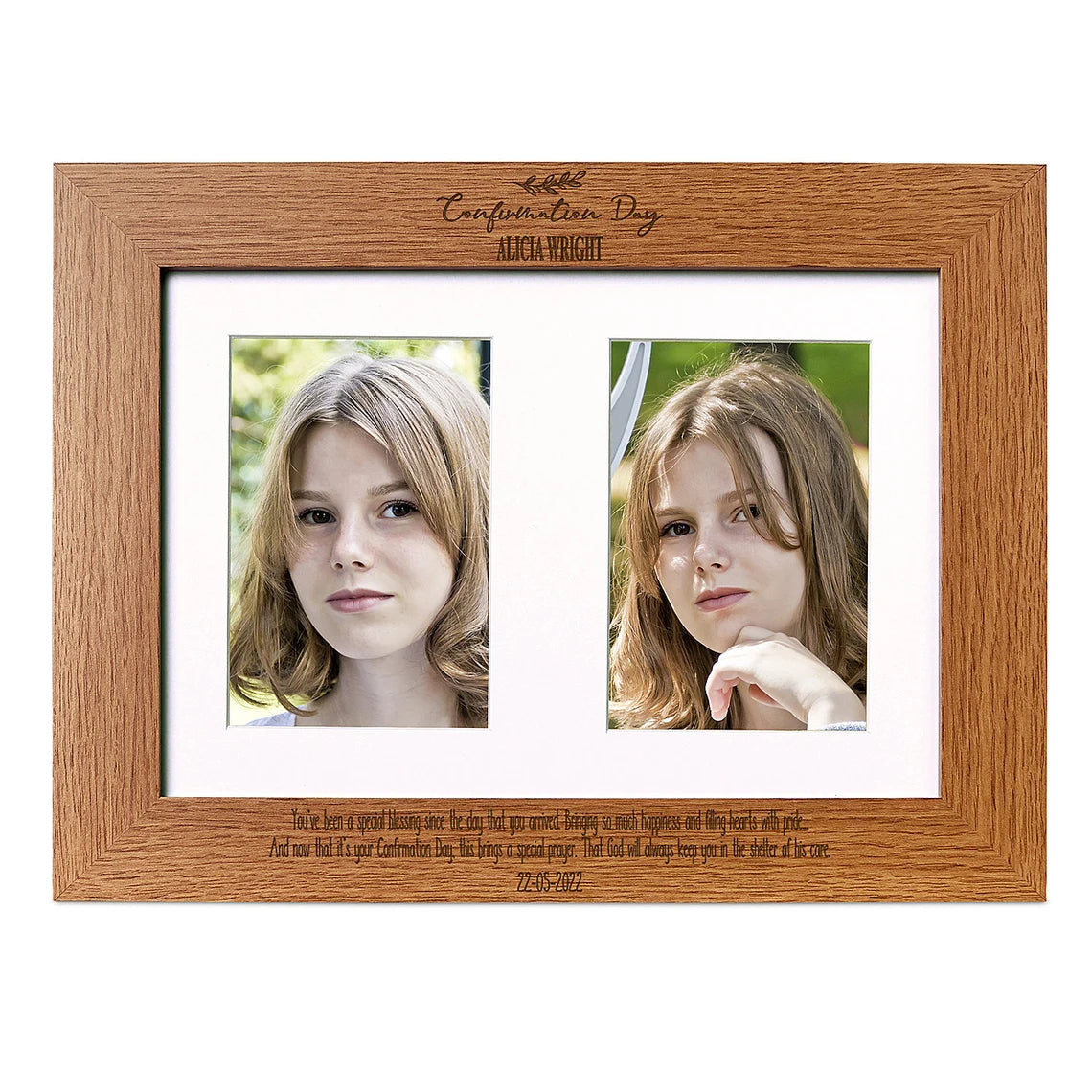 Confirmation Photo Frame Portrait Double 6x4 Inch Brown Personalised