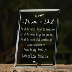 Personalised Mum and Dad Keepsake Gift Glass Plaque With Sentiment