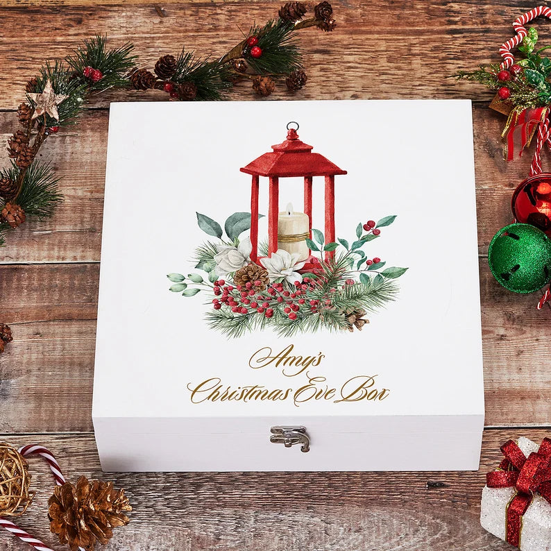 Personalised Christmas Eve Wooden Box With a Tea Light Design