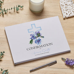 Personalised Large A4 Confirmation Guest Book Blue Cross Linen Cover