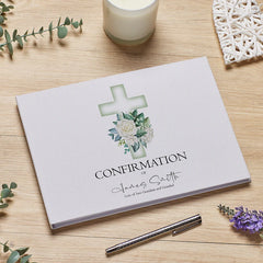 Personalised Large A4 Confirmation Guest Book Green Cross Linen Cover