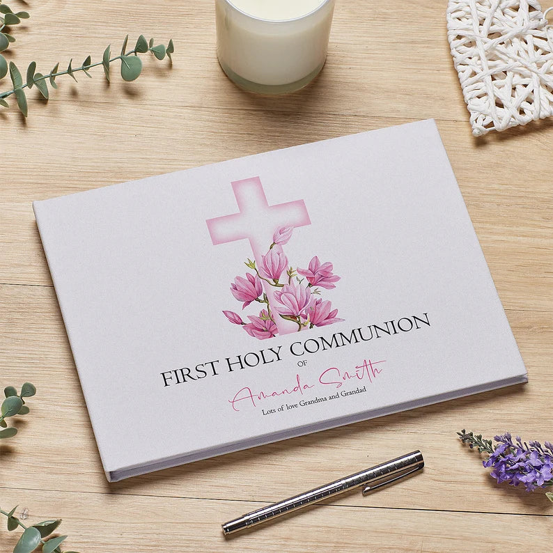 Personalised Large A4 Communion Guest Book Pink Cross Linen Cover